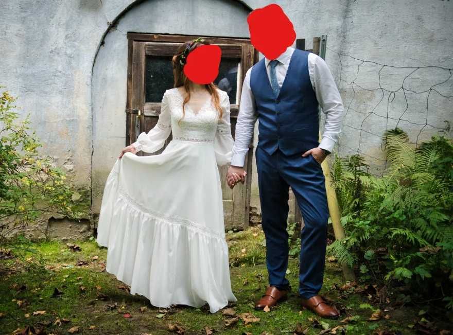 Suknia ślubna długi rękaw boho rustykalna elegancka 34/XS na niską os.
