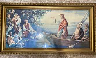 Oryginalny stary obraz Jezus naucza z łodzi
