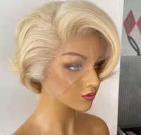 Blond peruka włosy naturalne krótka prześliczna mikroskóra pixie