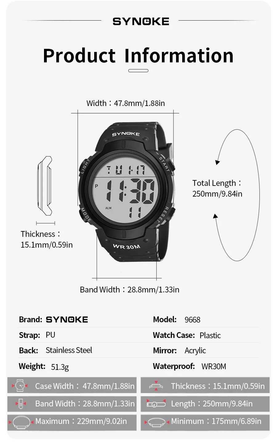 Zegarek Synoke elektroniczny cyfrowy LED wojskowy sportowy stoper WR30