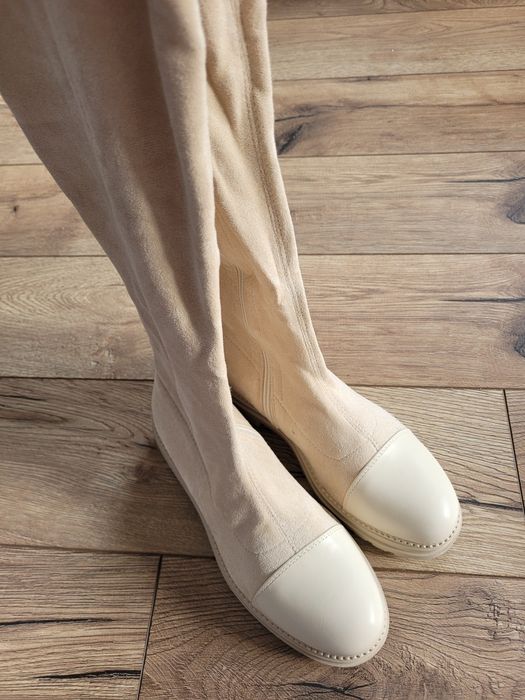 Kozaki wysokie trapery buty koty jasny beż zamsz 37