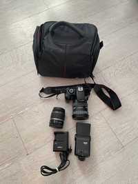Aparat lustrzanka Canono EOS 1100D dwa obiektwy lampa łądowarka torba