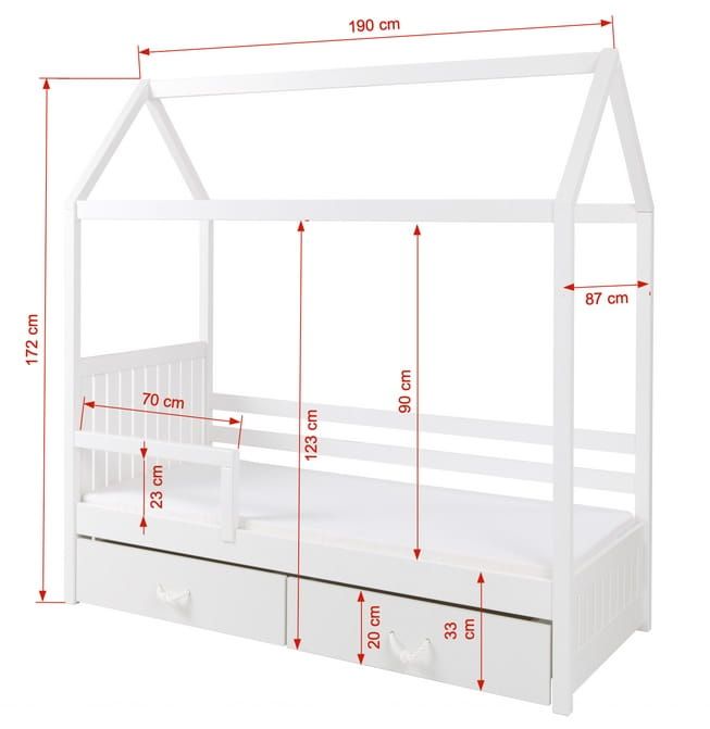 Łóżko dla dziecka białe domek ROZALIA II 80x180 z 2x szufladami
