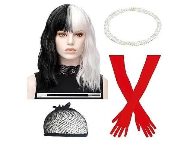 Peruki  czarno-białe z czerwonymi rękawiczkami i łańcuszkiem z pereł