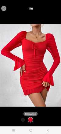 Nowa sukienka czerwona krótka z długim rękawem marszczona mini 34 xs