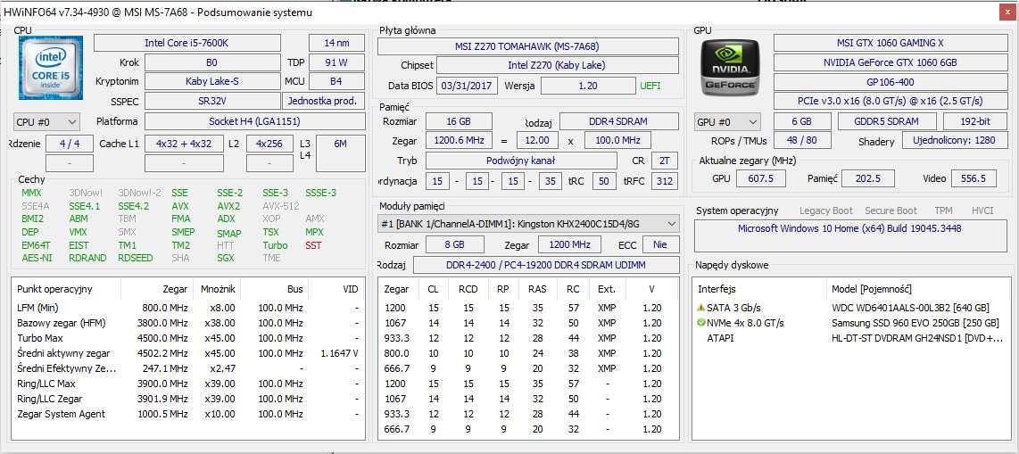 Komputer stacjonarny i5-7600k, MSI GTX 1060 6GB Gaming X, 16 GB DDR4