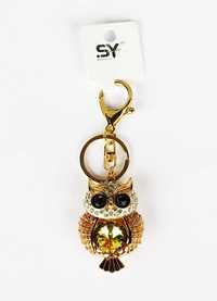 Brelok do kluczy torebki metalowy złoty sowa beżowe kryształ cyrkonie