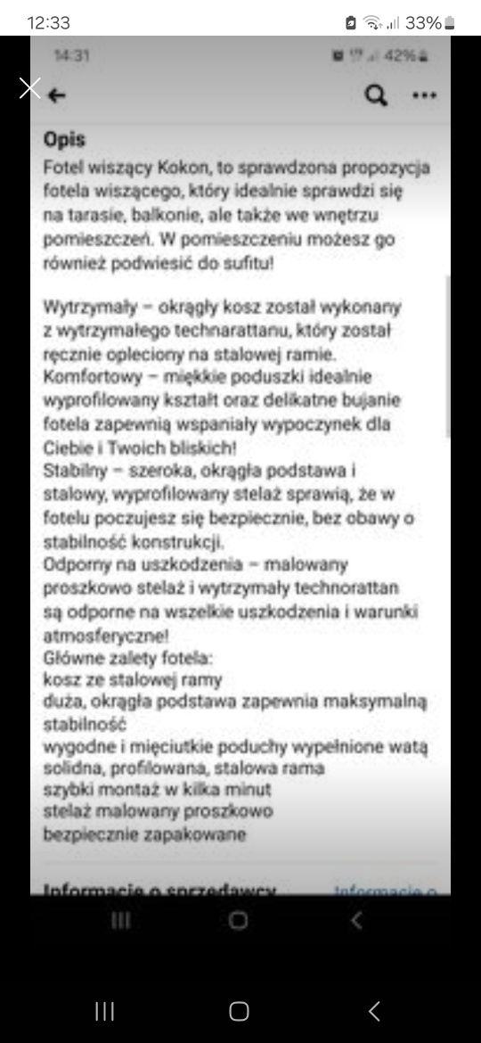 Fotel kokon XXL ogrodowy wiszący nowy