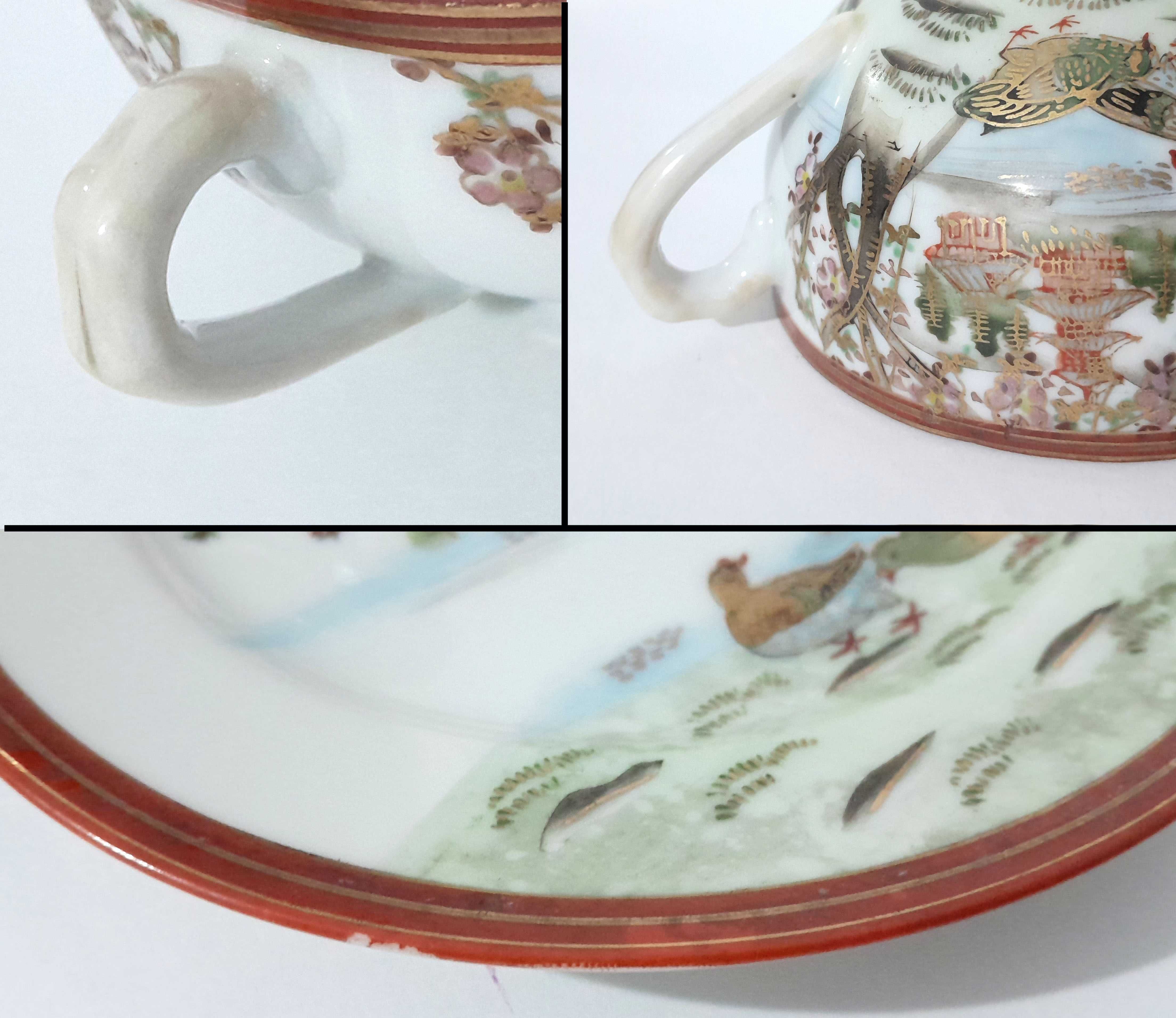 Prato e chávena de chá c/motivos orientais porcelana casca de ovo