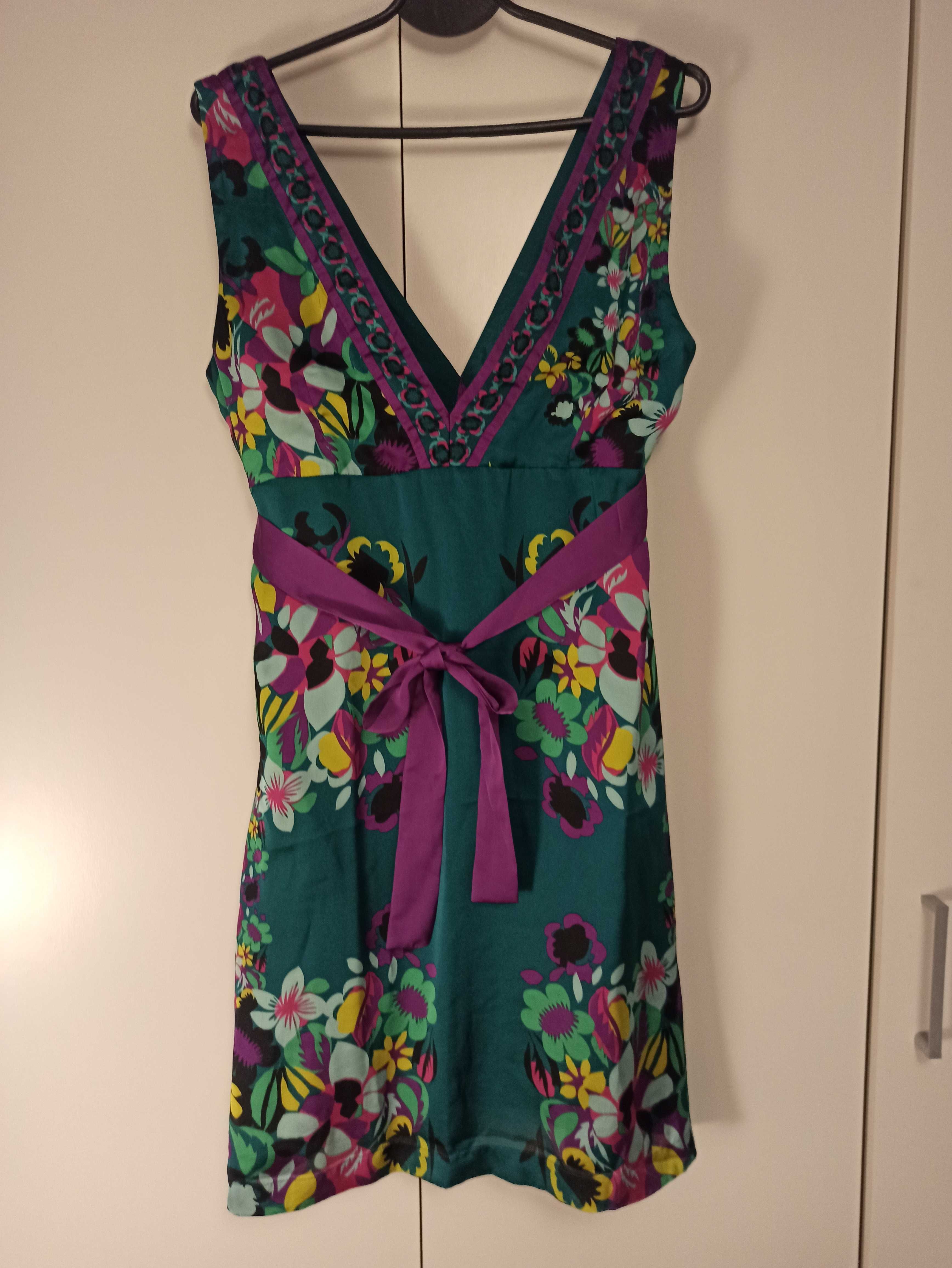 Sukienka krótka bez rękawów w kwiaty satyna dekolt V zieleń r.40 H&M