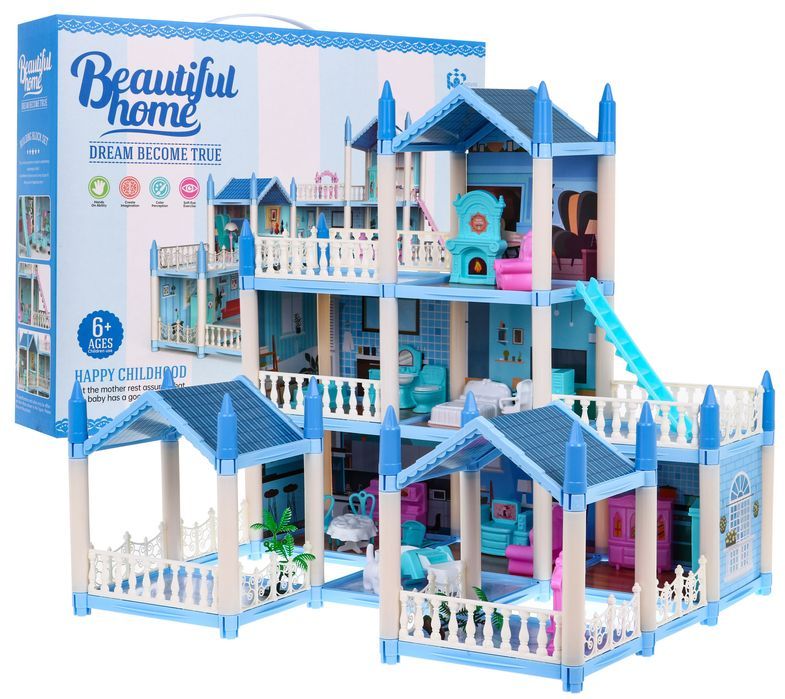 3-Piętrowy Domek Dla Lalek Prezent Dla Dziewczynek 6+ Niebieska Willa