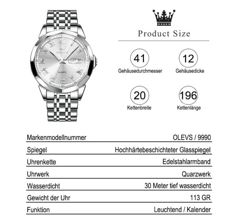 OLEVS Zegarek analogowy ze stali nierdzewnej, wodoszczelny