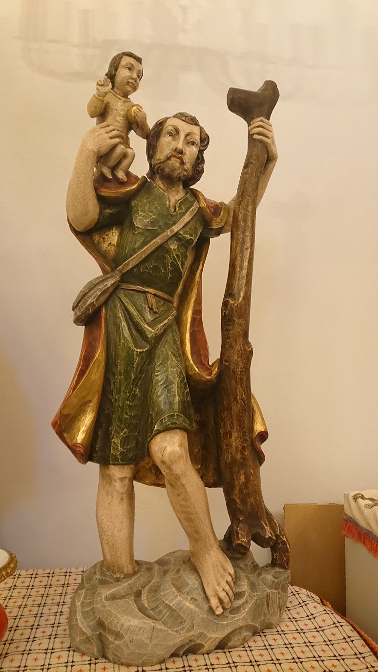 Figura Święty Krzysztof polichromia 112 cm z drewna sygn