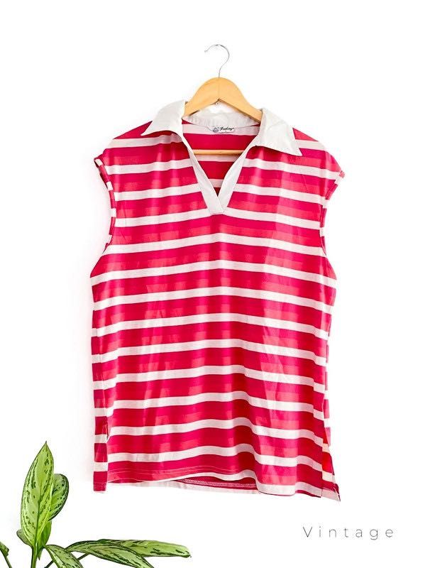 Camisola de Manga Cava com Colarinho Rosa e Branco
