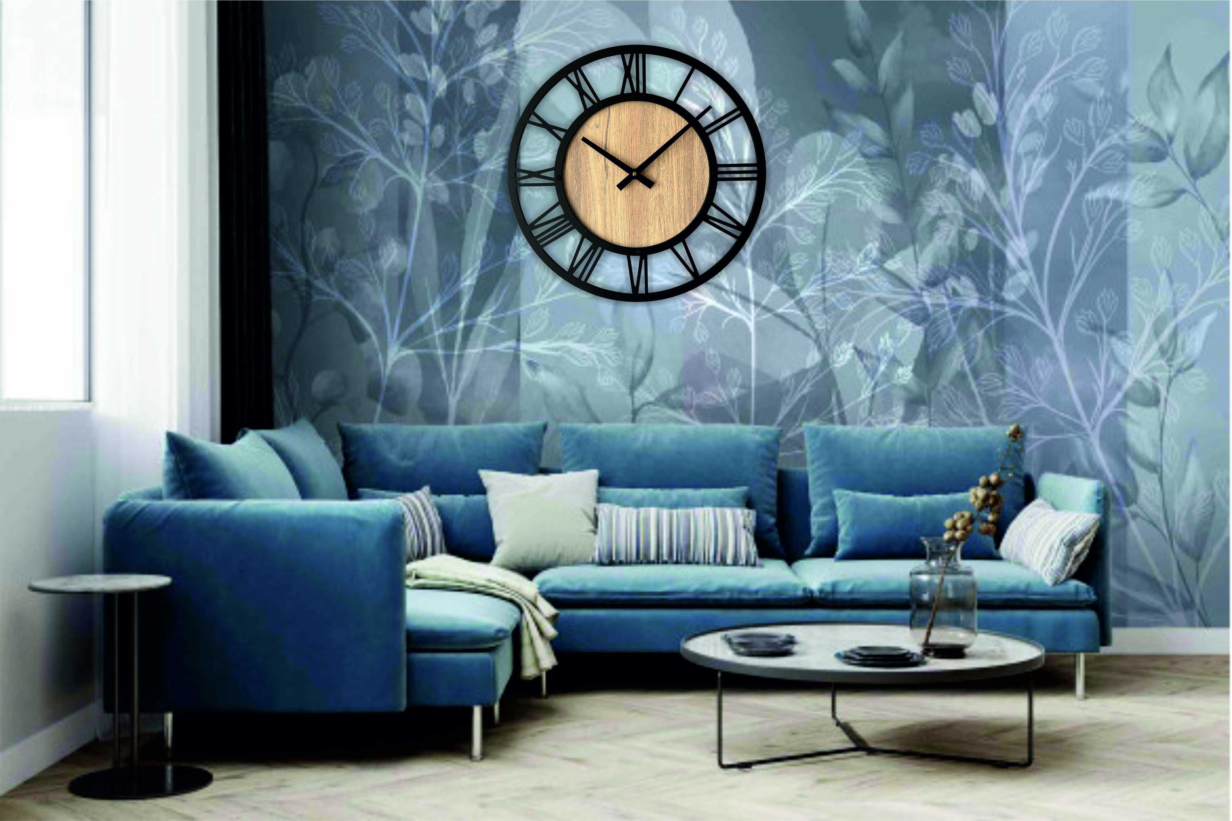 CESAR Okrągły Duży zegar ścienny 60 cm Niesłyszalny Drewniany Dąb LOFT