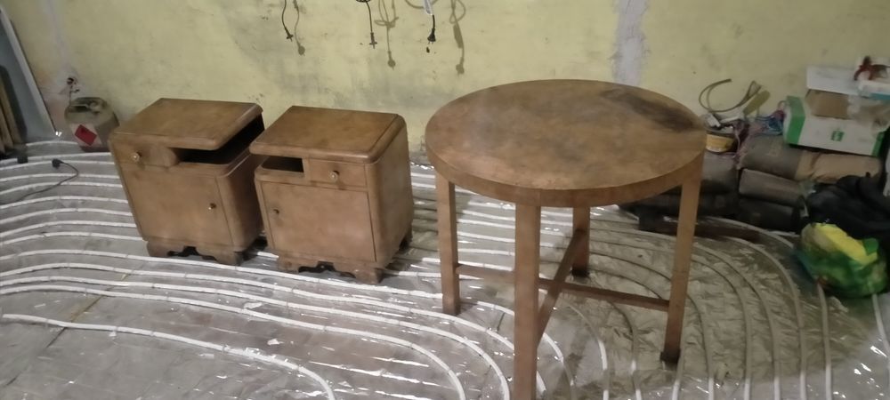 2 szafki nocne + stół vintage PRL| fornir czeczota + kolor czarny