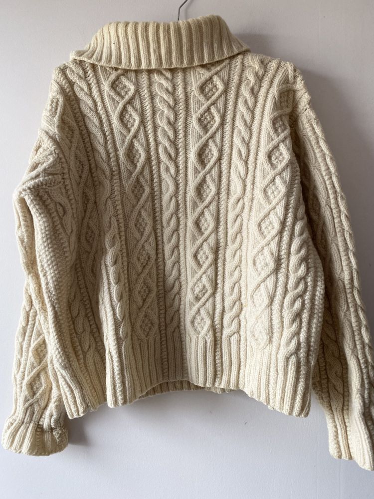 Welniany mięsisty sweter gruby splot warkocz pleciony handmade vintage