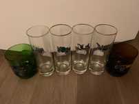 6 copos da marca de velas Champion gravados com carros vintage