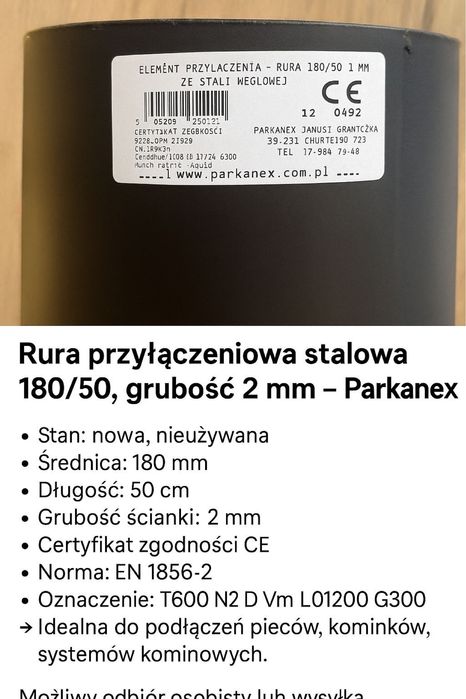 Rura przyłączeniowa stalowa 180/50, grubość 2 mm – Parkanex