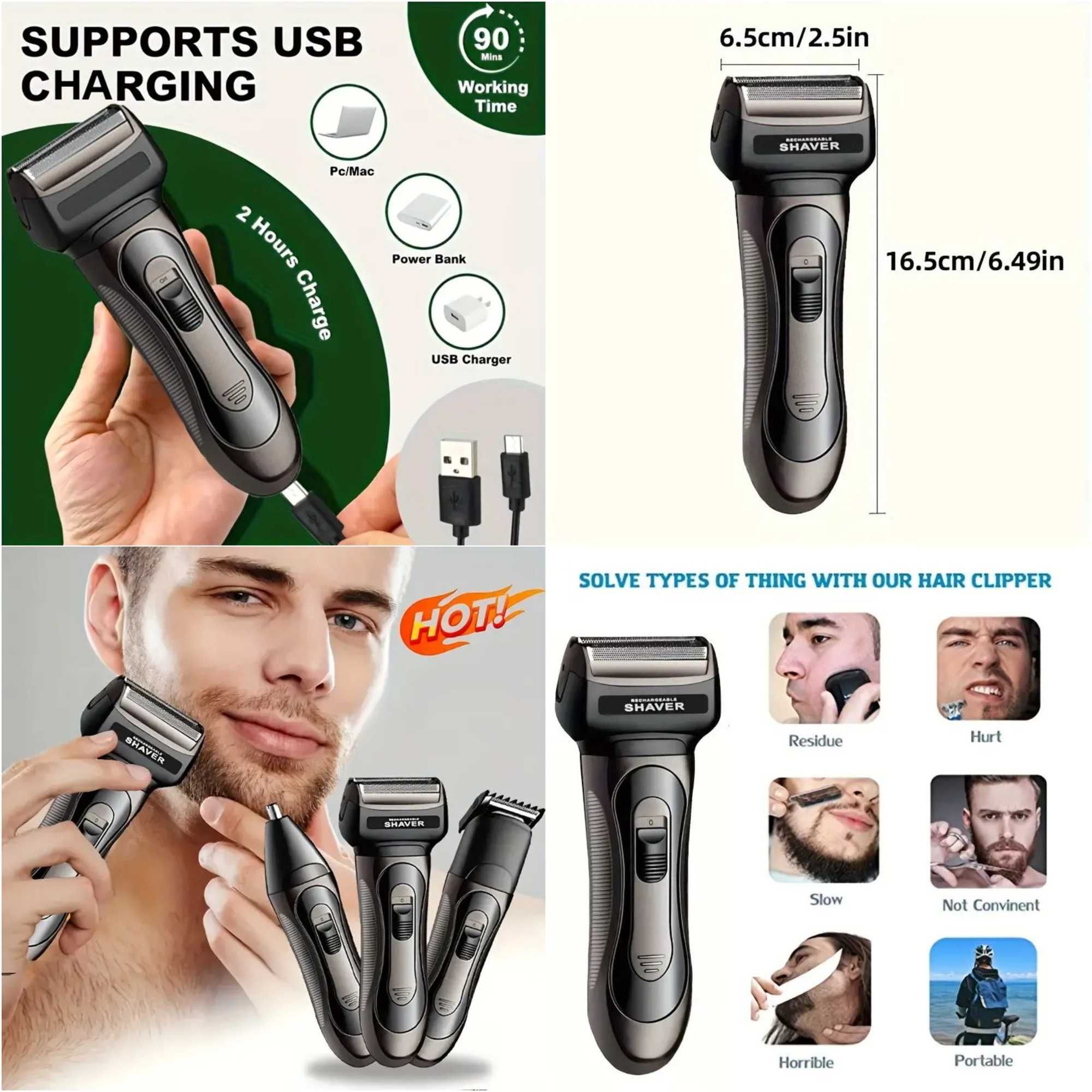 Kit barbeador multifuncional 3 em 1. Recarregável por USB. Novo.