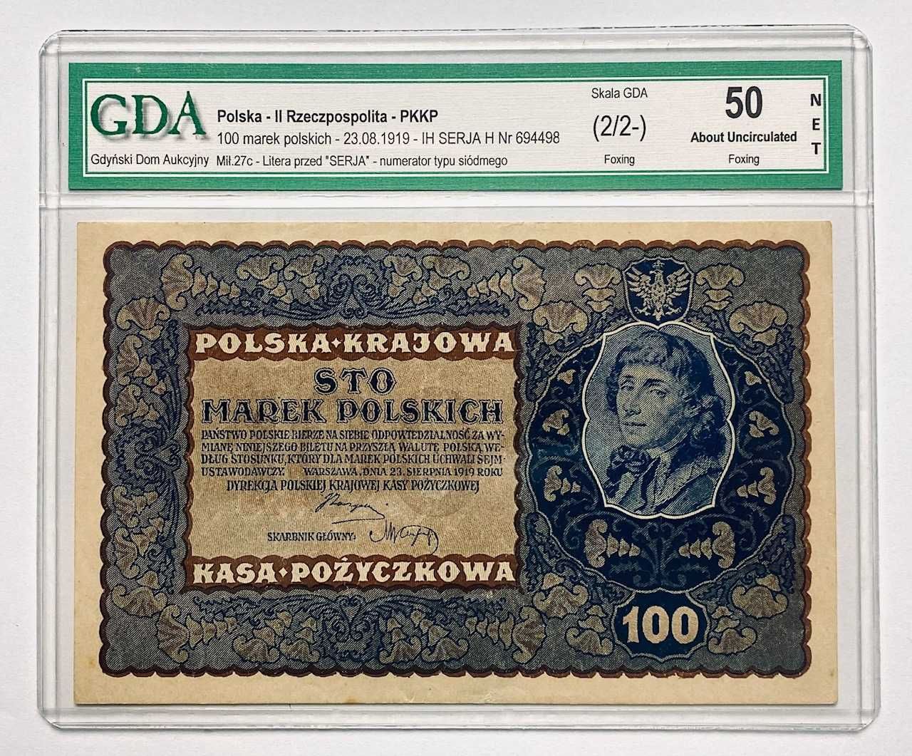 100 marek polskich 1919 rok IH Seria H GDA 50