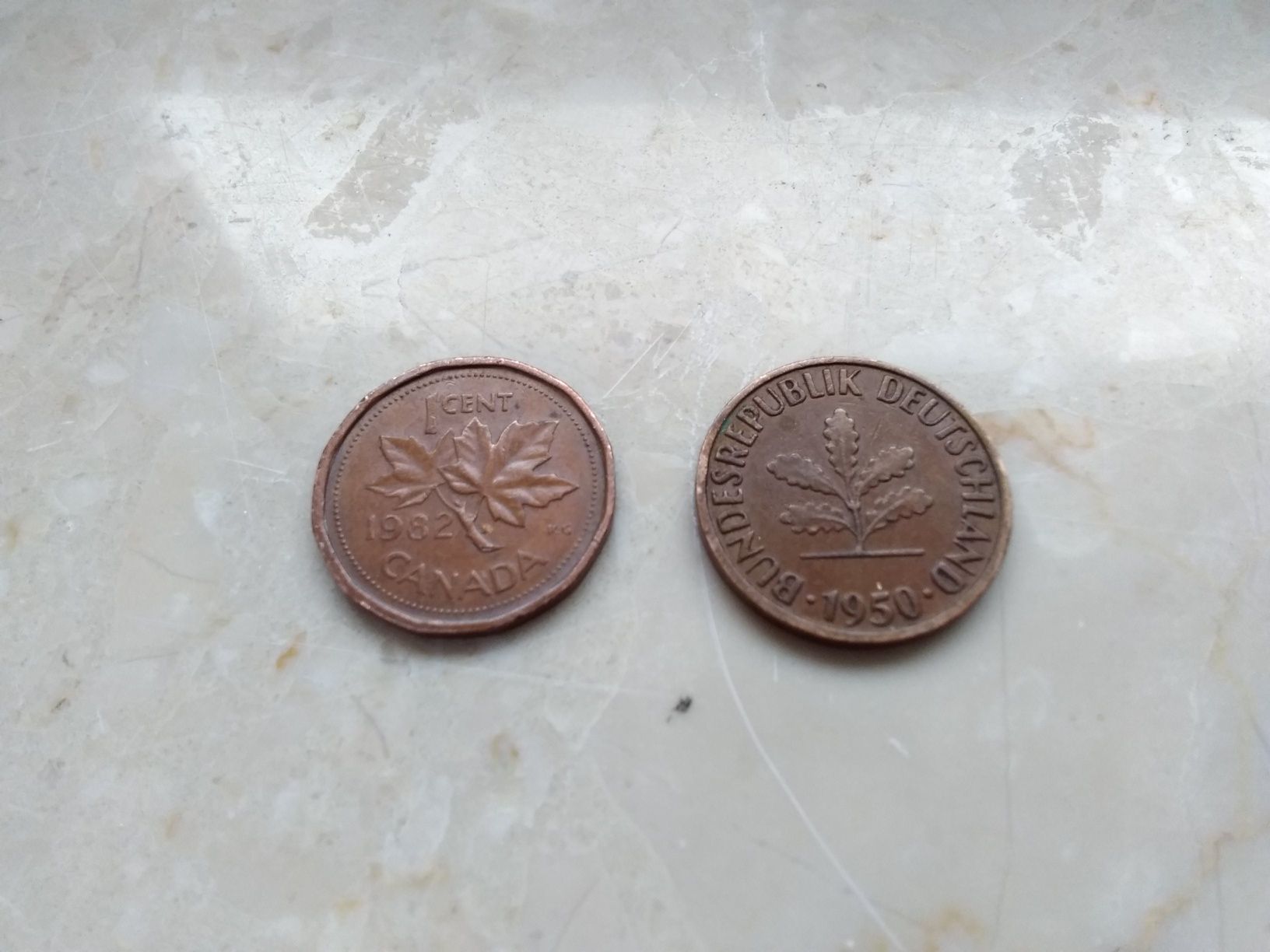 Stara Moneta 1 Cent Canada Elizabeth ll 1982r. Oraz 2 Pfenning 1950r.