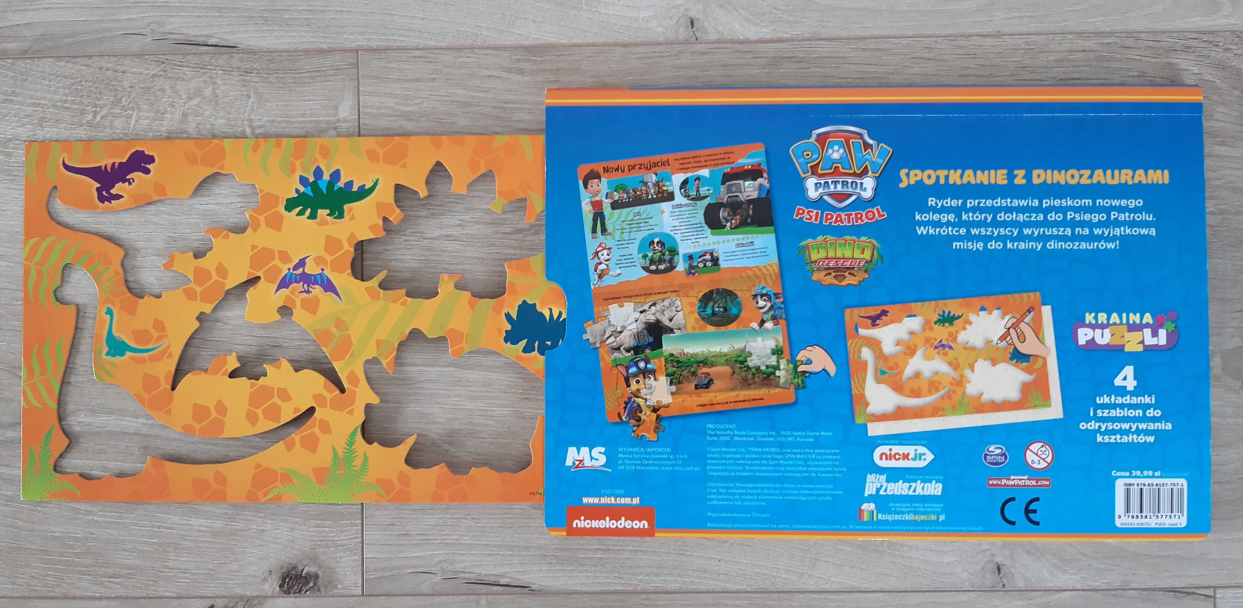 Puzzle PSI PATROL w książce "Spotkanie z DINOZAURAMI". Szablon