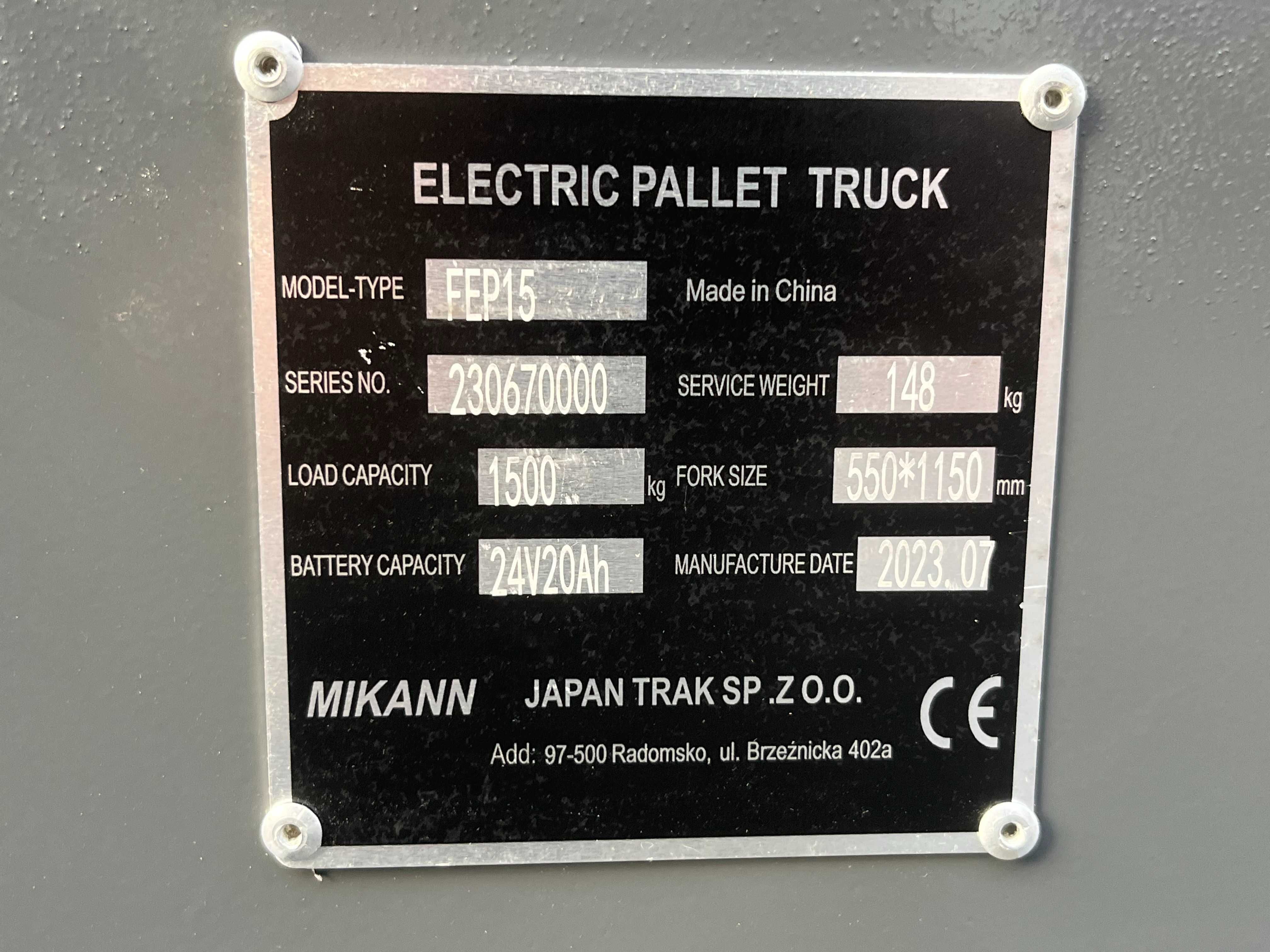Wózek paletowy Paleciak elektryczny 1,5 T MIKANN, JapanTrak