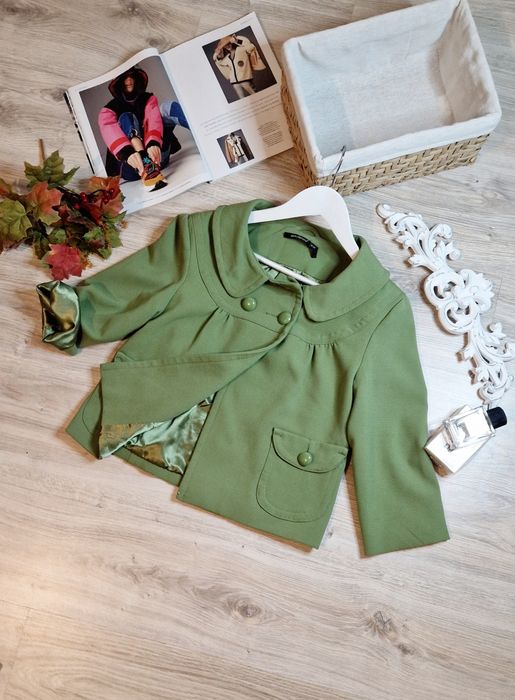 S/M Oliwkowy Płaszczyk Krótka Kurteczka Bolerko Ramoneska Guziki