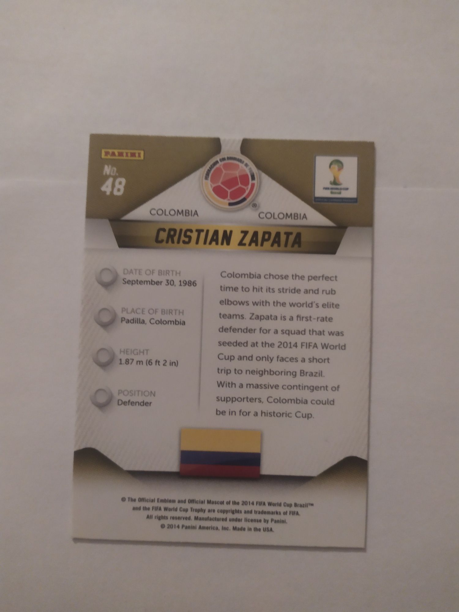 Karty bazowe Panini Prizm 2014 - C. Zapata, C. Zuñiga, M. Yepes