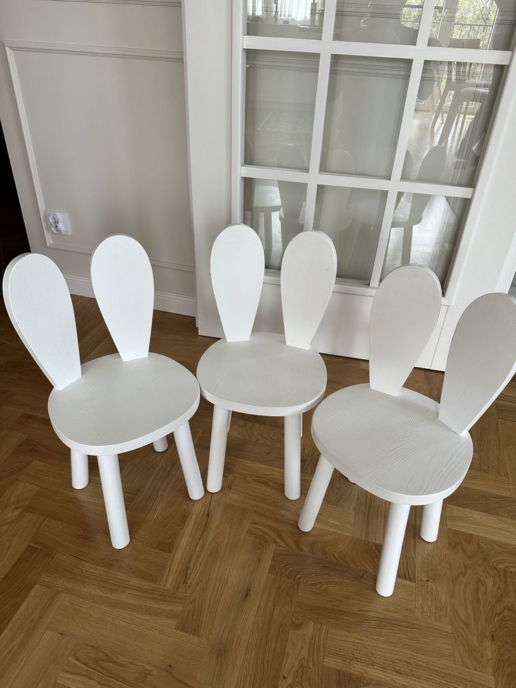 Krzesełka Dzieciece Drewniane Króliczki x3 Białe / Stan Idealny