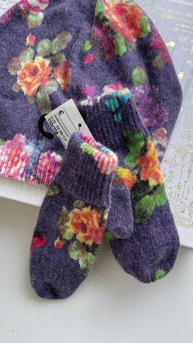 H&M zestaw czapka + rękawiczki w kwiatki 110/128