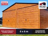 Garaż blaszany 6x6 dwuspadowy, drewnopodobny + 2 bramy uchylne - HIT!