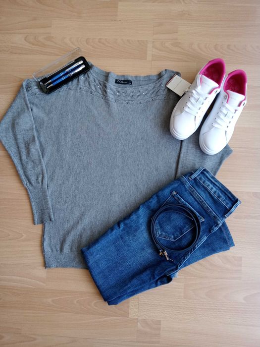 Szary sweter sweterek nietoperz rozmiar 36 S ćwieki 152 cm 12 lat