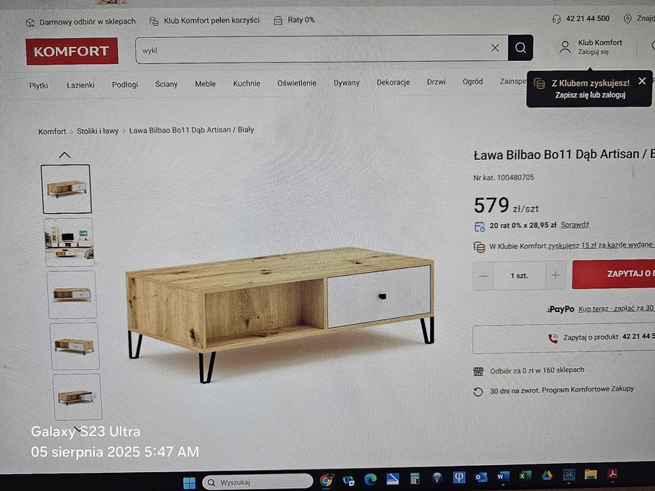 Modna Ława z 2 szufladami i na nózkach