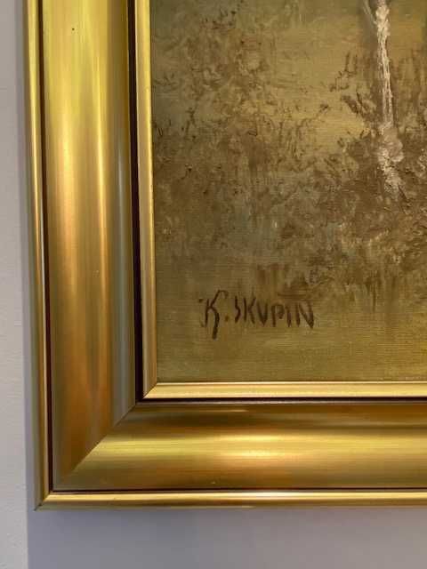 Obraz krajobraz malowany ręcznie w ramie Skupin