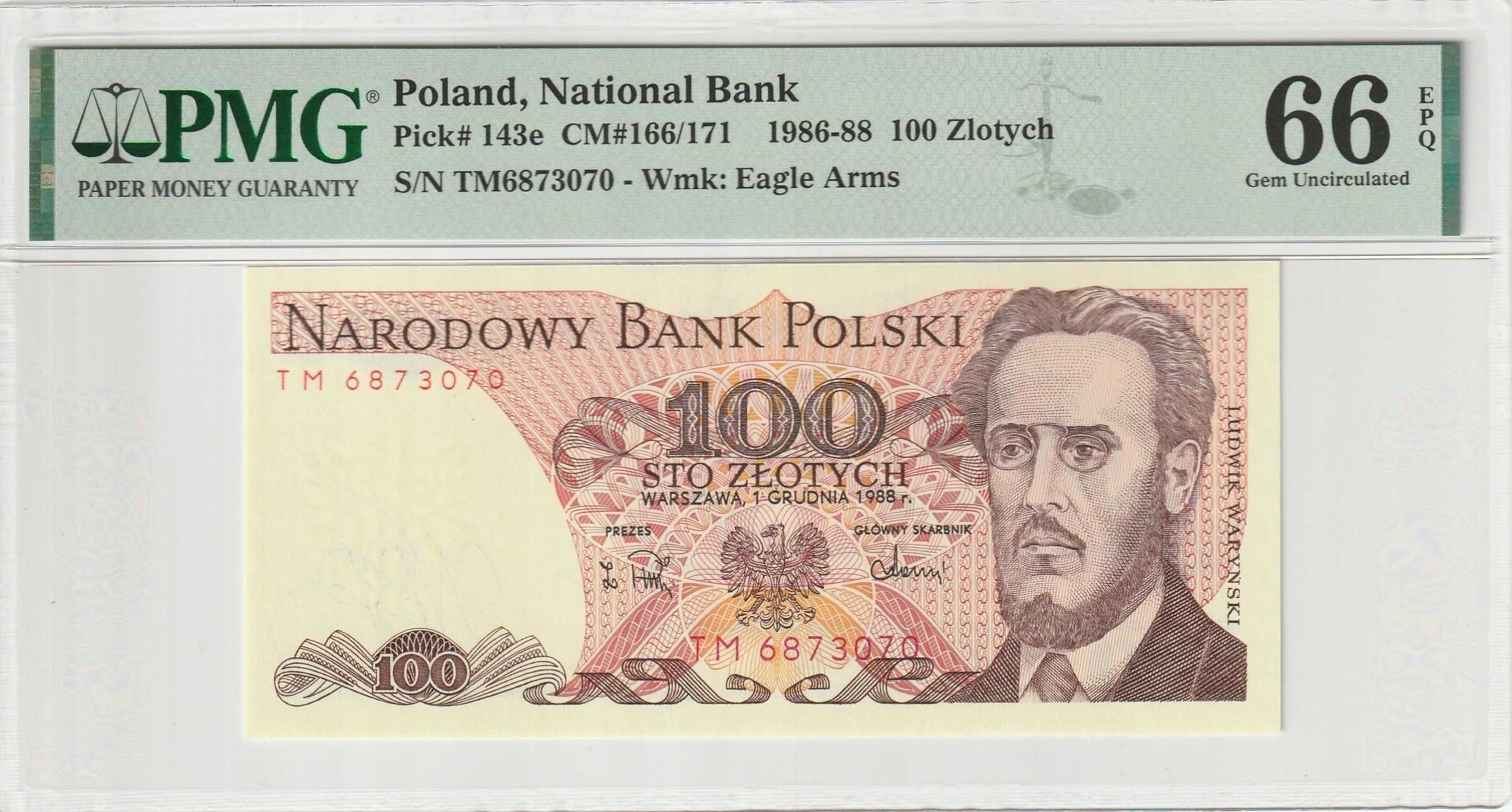 Banknot 100 Złotych Polska 1988 r.  PMG, EPQ 66 Seria TM