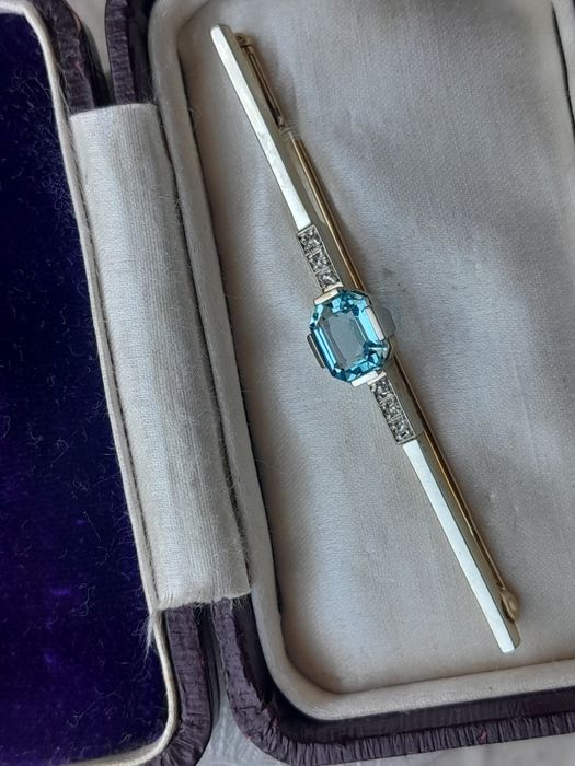 Broszka Antyk Akwamaryn Diamenty Złoto 585 WYCENA