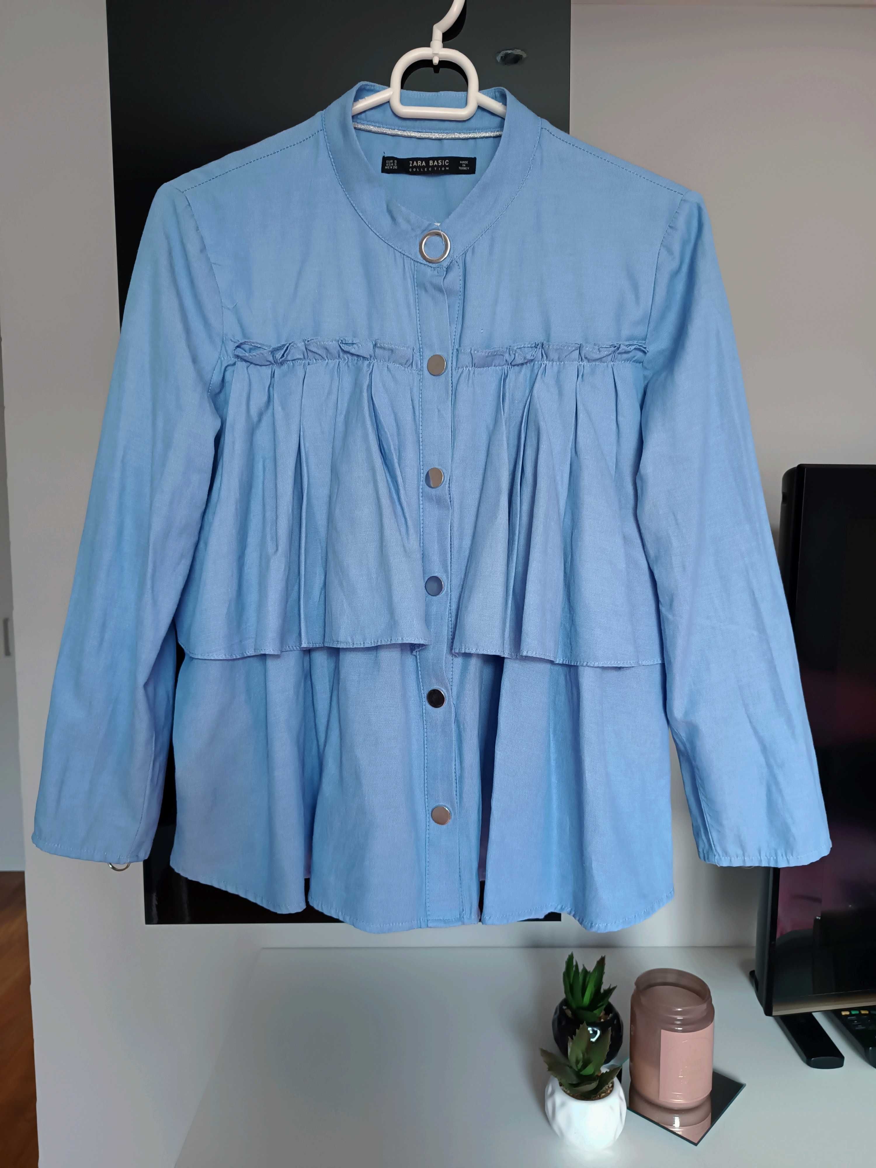 Niebieska koszula z falbaną Zara Basic zatrzaski baby doll