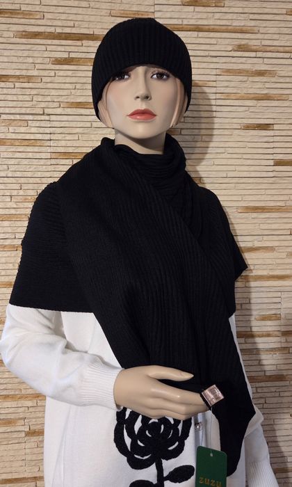 Komplet zimowy unisex czapka szalik prążek super skład kolor czarny