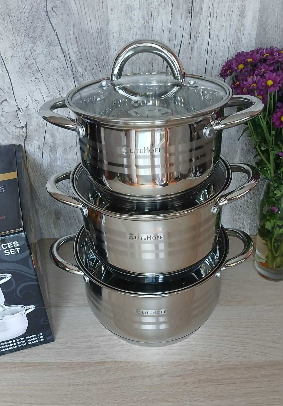 Garnki EliteHoff 6 elementów zestaw 3 garnków 18/20/22 cm na indukcję
