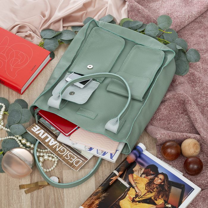 VERA PELLE torebka skórzana shopper duża z kieszeniami V516 j.zielona