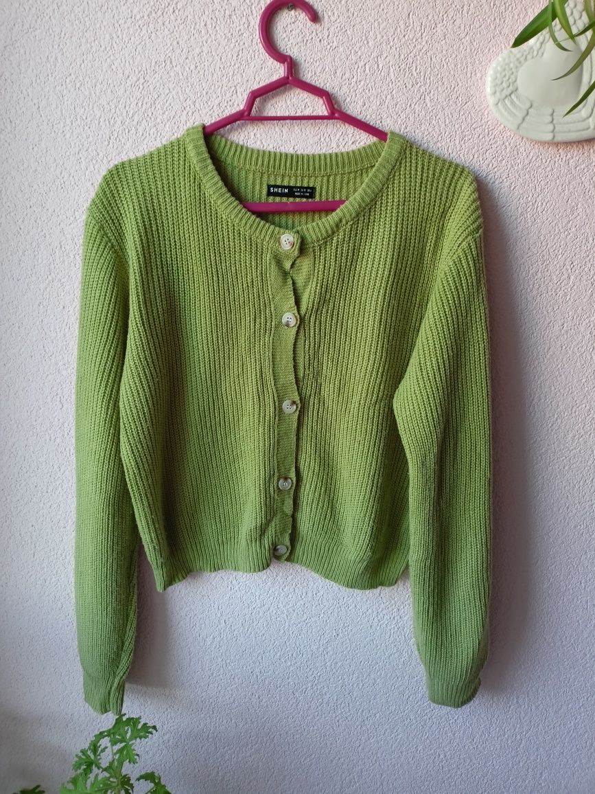 Sweter krótki kardigan rozpinany Zielony Groszek Shein M oversize