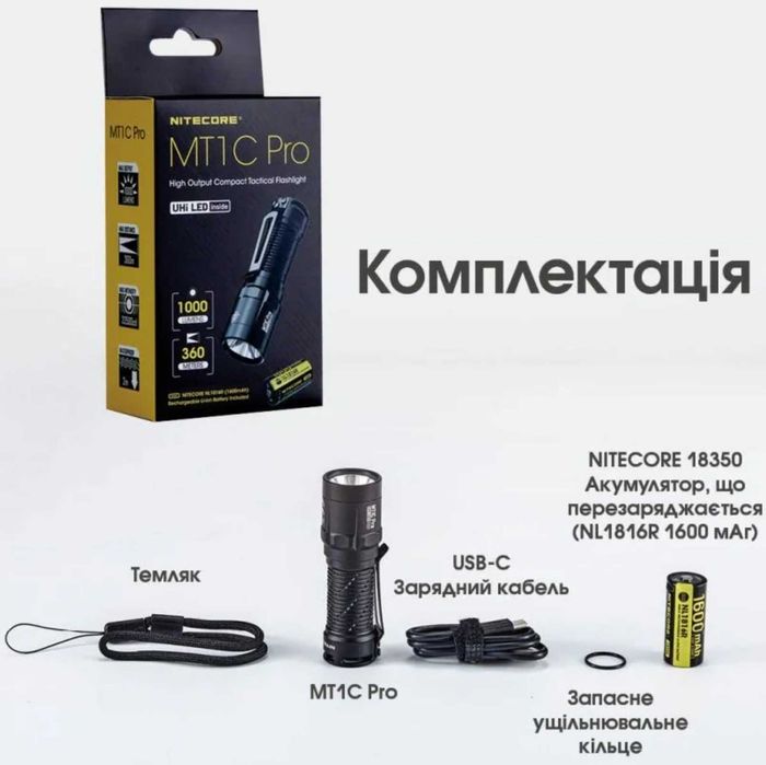 Nitecore MT1C Pro Кишеньковий Ліхтар EDC 1000 Люмен та 360 Метрів