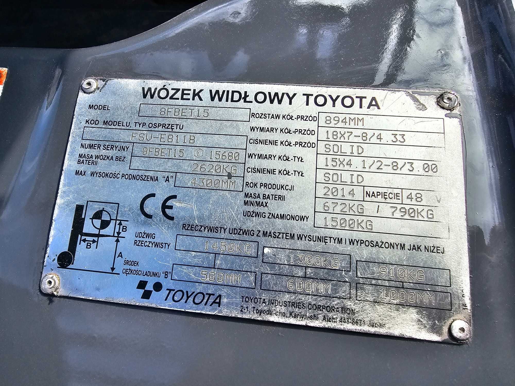 Wózek widłowy elektryczny Toyota 8FBET15 2014 Triplex 4 - REZERWACJA