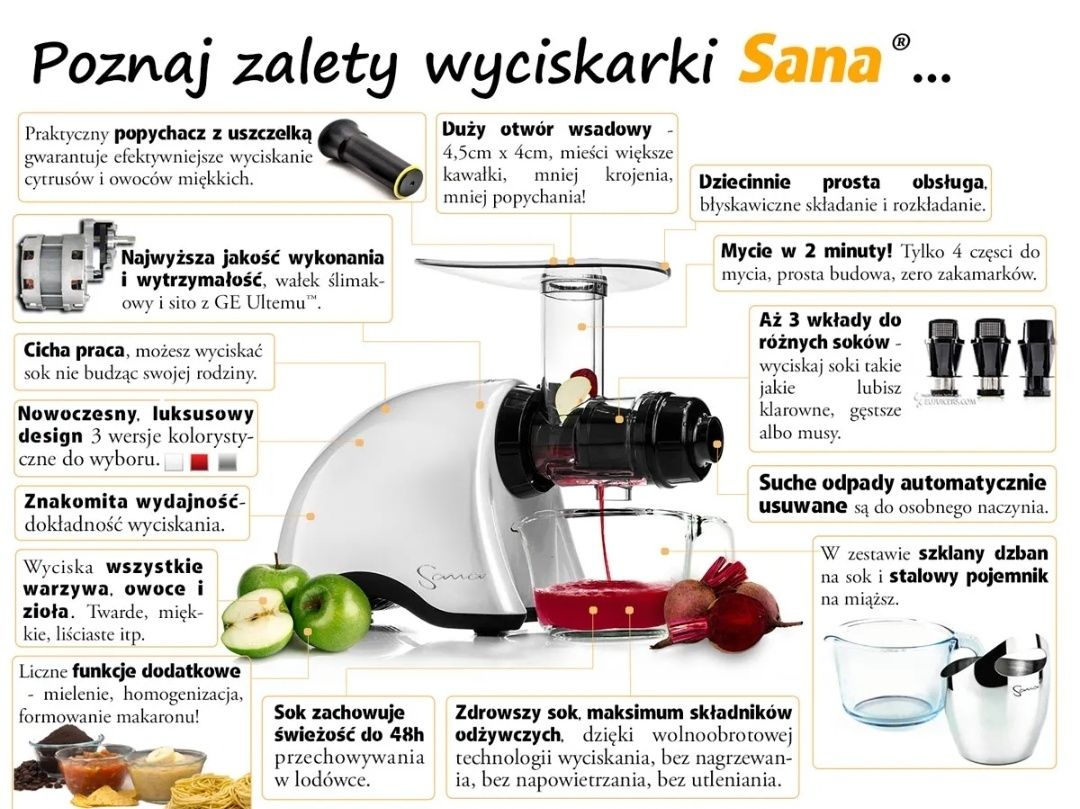 Sana EUJ-707 Czerwona Wyciskarka Wolnoobrotowa + Książka