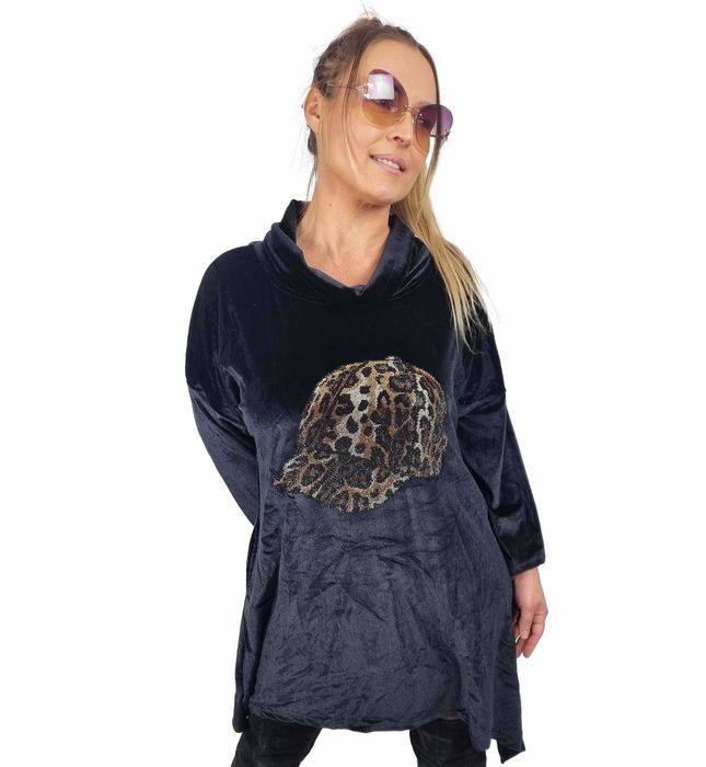 Tunika damska Welurowa czarna sukienka elegancka PLUS SIZE asymetrycz