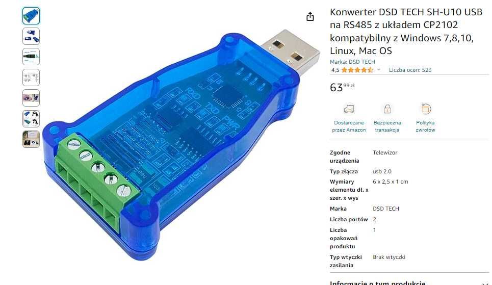 Adapter Konwerter DSD TECH SH-U10 USB na RS485 z układem CP2102