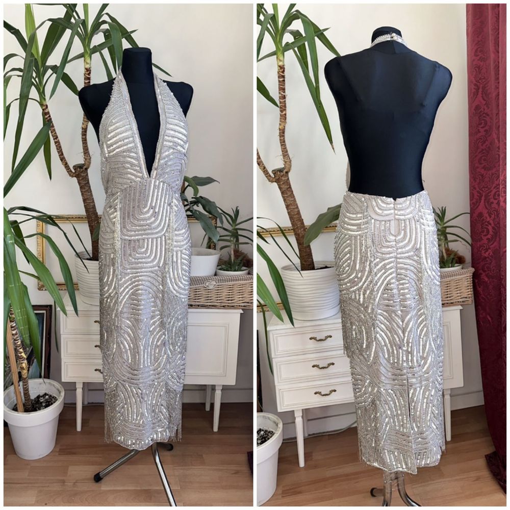 Srebrna cekinowa sukienka midi midaxi frędzle 46 3 xl 44 xxl asos luxe