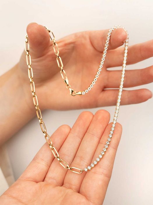 Złoty naszyjnik tenisowy cyrkonie, tenisówka 585, łańcuszek spinacz